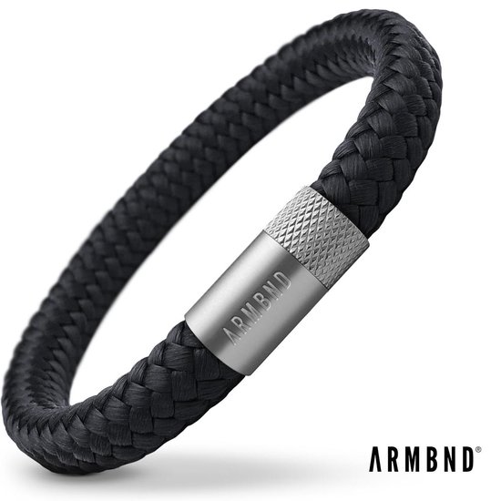ARMBND® Heren armband - Zwart Touw met Zwart Staal - lang - The original - Origineel Cadeau voor Man
