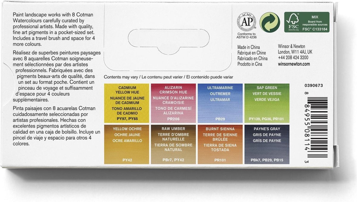 Winsor & Newton 0390673 Cotman Aquarelverf Set Landscape Pocket – 8 halve Watercolour napjes met reispenseel — afbeelding 3