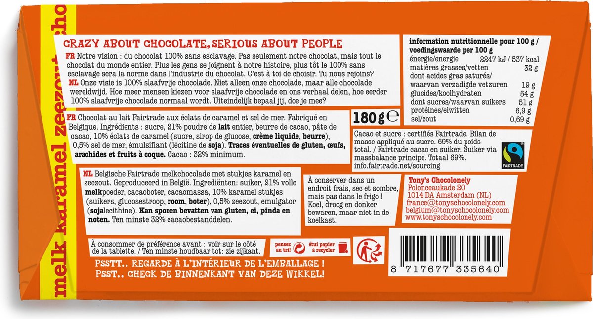 Chocolade Reep Melk Karamel Zeezout - Melkchocolade Reep - 180 gram van Tony's Chocolonely — cadeau in Eten & Drinken - foto 2