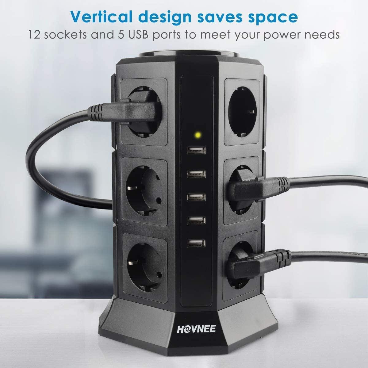 HOVNEE Multiprise 12 Prises (2500 W/10 A) - 2 USB-A et 1 USB-C - Protection  Contre Les surtensions et Les Courts-Circuits - Multiprise répartiteur de