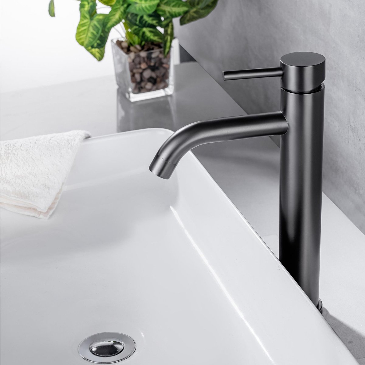 LOMAZOO Wastafelkraan Hoge Uitloop Gun Metal Zwart - Gunmetal Badkamerkraan - Badkamer Kraan Antraciet Grijs [JASMIN]