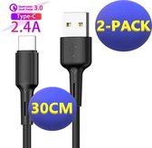 2x USB-C Data- en Laadkabel 30 CM - 2.4A Snellader Kabel - Fast en Quick Charge Oplaadkabel - Type C Naar USB-A - Oplaadsnoer Telefoon - Laptop - Samsung Galaxy en Note - Sony - On