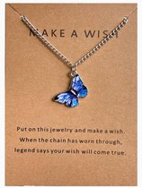Doe een wens - Vlinder ketting - Zilverkleurig, blauw - Dierbaar cadeau - Damesdingetjes