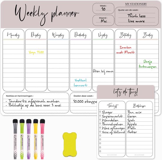 My Stationery Weekplanner Magnetisch Whiteboard Set - Stijlvol Deskplanner met Accessoires – Planbord Inclusief Dagplanner - Familieplanner - Gezinsplanner 42x30cm - My Stationery