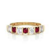 Gouden ring dames, 14 karaat geelgoud –roze robijn edelstenen en diamanten