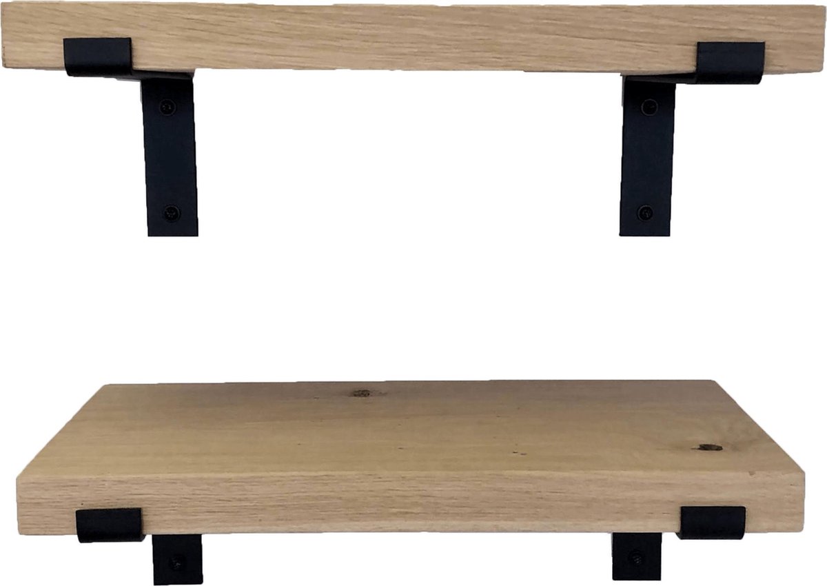 GoudmetHout Wandplank Set Industrieel - 50 x 25 cm Muurplank - Eiken Hout - Decoratie Wandrek & Boekenrek - Set van 2 Hangplanken Keuken - Wall Shelf + 2 Mat Blanke Plankdragers van Staal