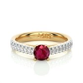 Geelgouden dames ring, half eternity, solitaire roze robijn edelsteen - 14 karaat geelgoud bezet met diamanten