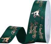 Kerst Lint 25mm (2,5cm) | Grosgrain Ripsband | Luxe Kerstlint | Merry Christmas Rendier | Jager Groen (593) Goud | Rol: 10 Meter