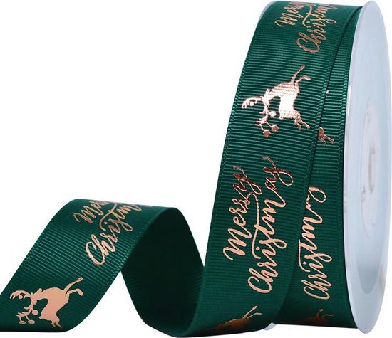 Foto: Kerst lint 25mm 2 5cm grosgrain ripsband luxe kerstlint merry christmas rendier jager groen 593 goud rol 10 meter