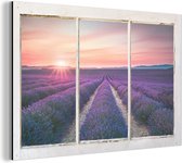 Wanddecoratie Metaal - Aluminium Schilderij Industrieel - Doorkijk - Lavendel - Zonsondergang - 90x60 cm - Dibond - Foto op aluminium - Industriële muurdecoratie - Voor de woonkamer/slaapkamer