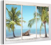 Wanddecoratie Metaal - Aluminium Schilderij Industrieel - Doorkijk - Palmbomen - Strand - 150x100 cm - Dibond - Foto op aluminium - Industriële muurdecoratie - Voor de woonkamer/slaapkamer