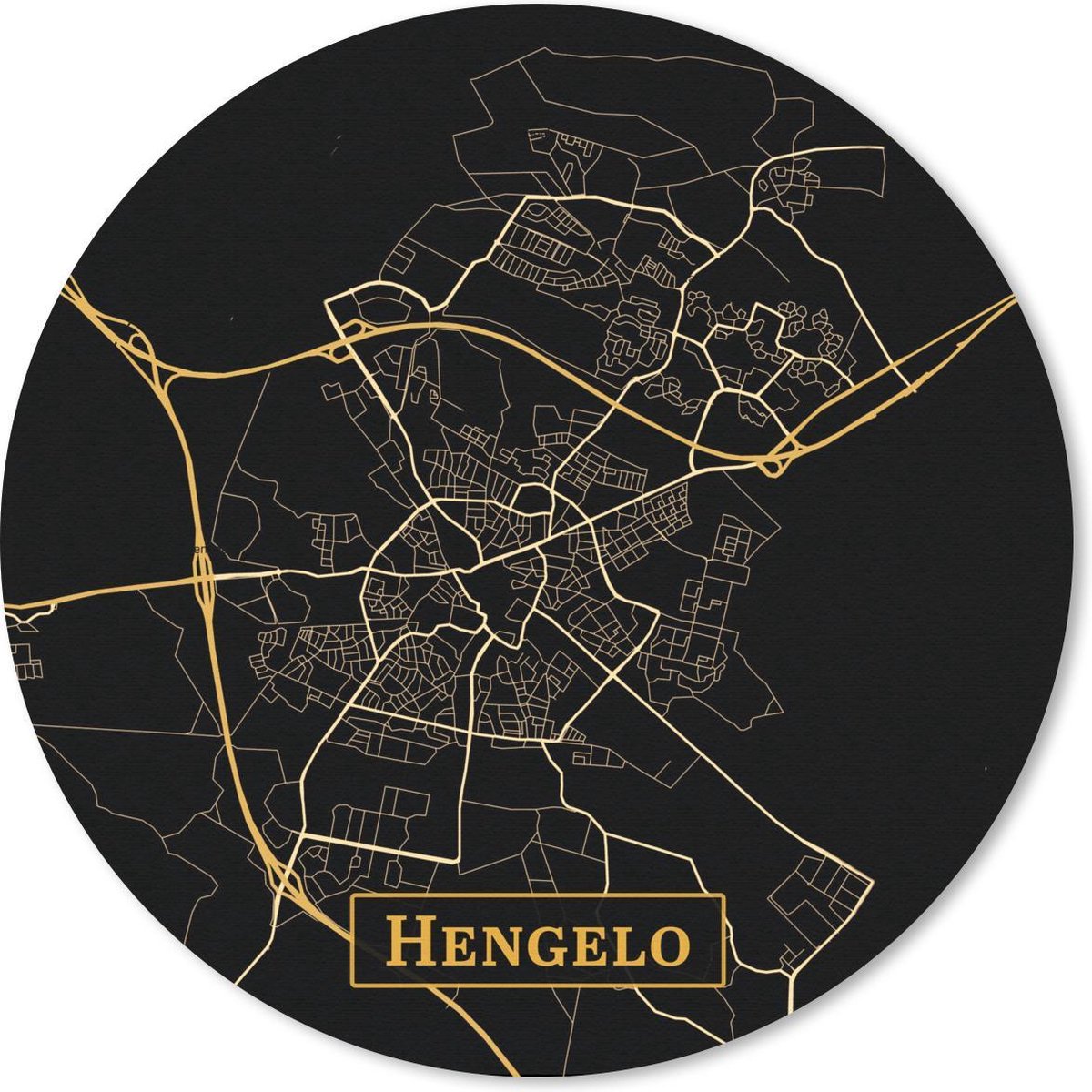 Muismat rond 30x30 cm - Mousepad Kaart - Hengelo - Luxe - Goud - Zwart - Ronde muismatten