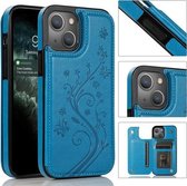 Vlinders Bloemen Dubbele Gesp PU + TPU Beschermhoes met Houder & Kaartsleuven & Fotolijst Voor iPhone 13 (Blauw)