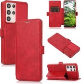 Duwvenster dubbele gesp PU + siliconen horizontale flip lederen tas met houder en kaartsleuf voor Samsung Galaxy S21 Ultra 5G (rood)