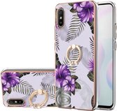 Voor Geschikt voor Xiaomi Redmi 9A Galvaniseren Patroon IMD TPU Schokbestendig Hoesje met Strass Ring Houder (Paarse Bloem)