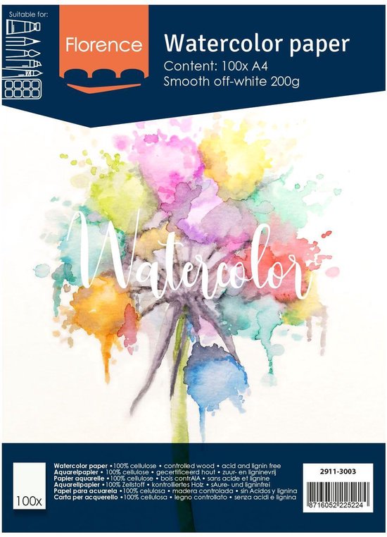 Aquarelpapier - Off White - A4 - 200 grams - Gladde Structuur - Smooth - Florence - 100 vellen