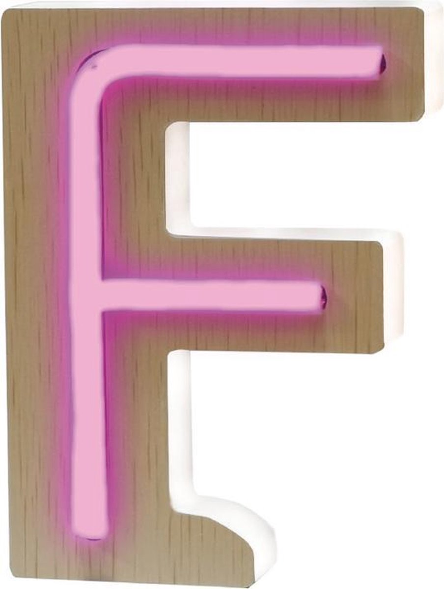 Piu Forty Wooden LED light letter “F” with light Neon – Pink color – AAA battery - 10,3×15,3 cm