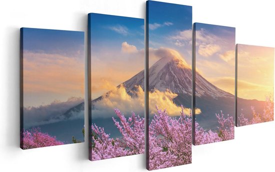 Pentaptyque Artaza - Peinture sur toile - Berg Fuji avec des Fleurs en fleurs roses - Fleurs - 100x50 - Photo sur toile - Impression sur toile