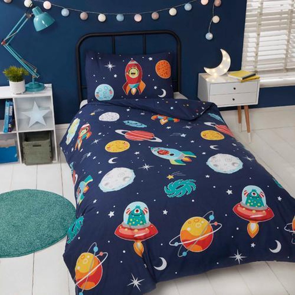 Beddengoedset voor kinderen, dekbedovertrek met cartoon, astronaut, raket, voor jongens, meisjes, kinderen, ruimteraket, dekbedovertrek met maansterren, universum, planeten, spreihoes, kamerdecoratie