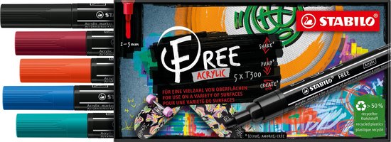 STABILO FREE - Acryl Marker - T300 - Ronde Punt - 2-3 mm - Set Urban - Met 5 Verschillende Kleuren