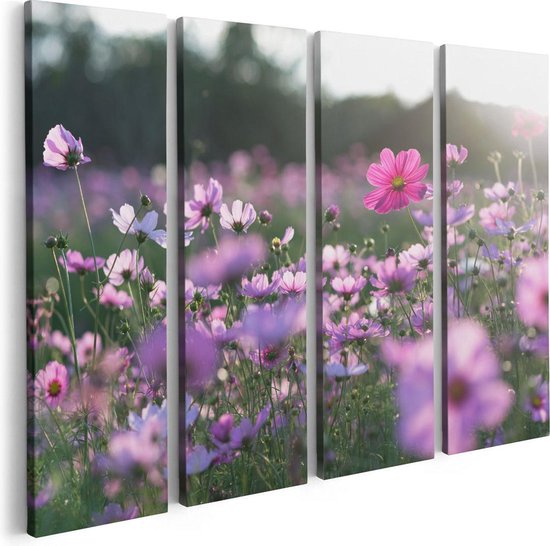 Artaza - Quadriptyque de peinture sur toile - Champ de fleurs avec Kosmos violet - 80x60 - Photo sur toile - Impression sur toile