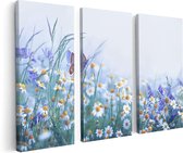 Artaza Canvas Schilderij Drieluik Witte Kamille Bloemen Met Een Vlinder - 120x80 - Foto Op Canvas - Canvas Print