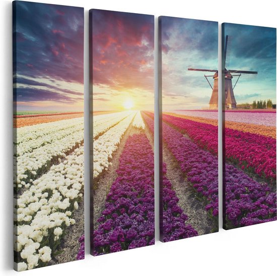 Artaza Canvas Schilderij Vierluik Kleurrijke Tulpen Bloemenveld - Windmolen - 80x60 - Foto Op Canvas - Canvas Print