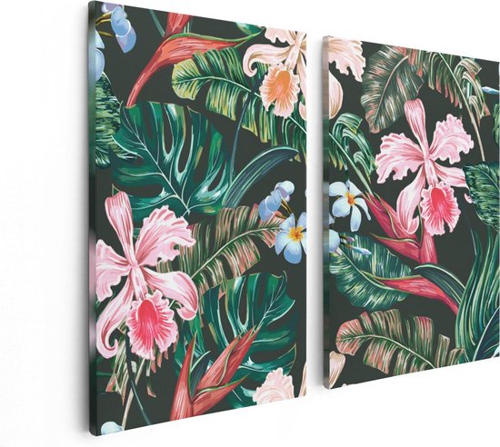 Artaza Toile Peinture Diptyque Dessiné Fleurs Tropicales - Abstrait - 80x60 - Photo Sur Toile - Impression sur Toile