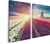Artaza Canvas Schilderij Tweeluik Kleurrijke Tulpen Bloemenveld - Windmolen - 80x60 - Foto Op Canvas - Canvas Print