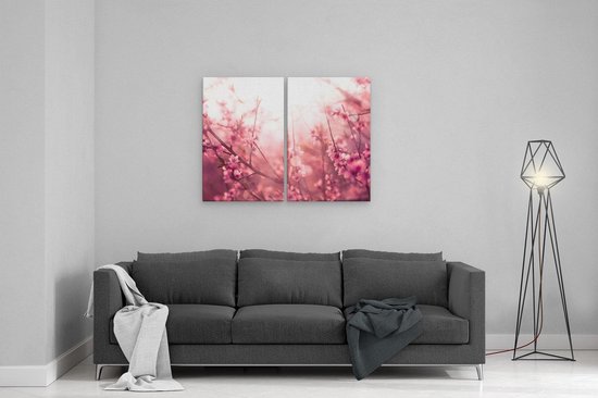 Artaza - Diptyque de peinture sur toile - Arbre à fleurs rose avec soleil - 80x60 - Photo sur toile - Impression sur toile