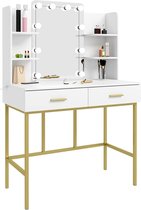 Luxury Buy® kaptafel-makeup tafel- met 10 LED lampen spiegel, verstelbare lichtsterkte, veel opbergruimte wit-goud