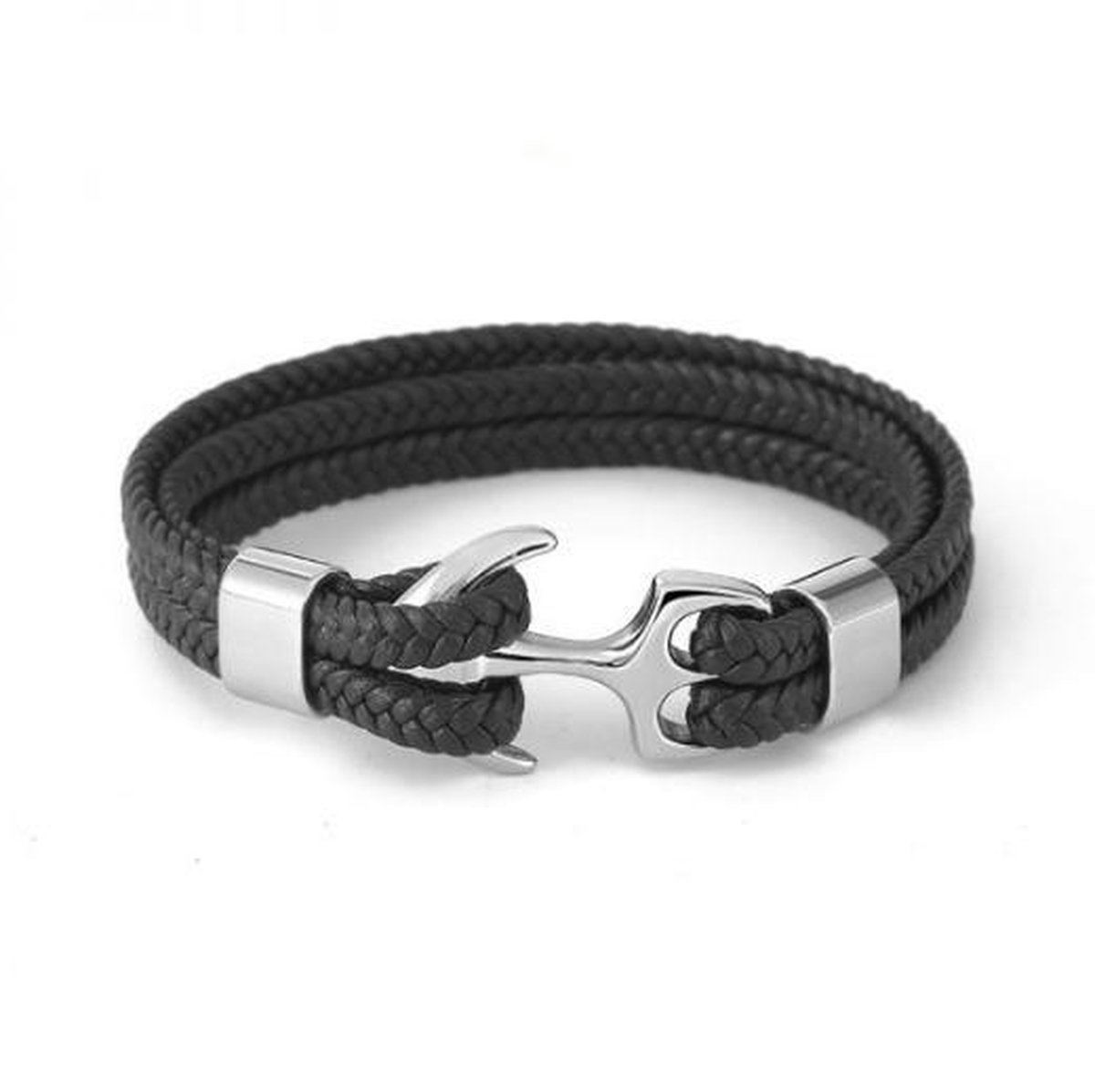 Leren armband | 2 laags armband | Anchor | 2 laags | zwart | 18.5 cm