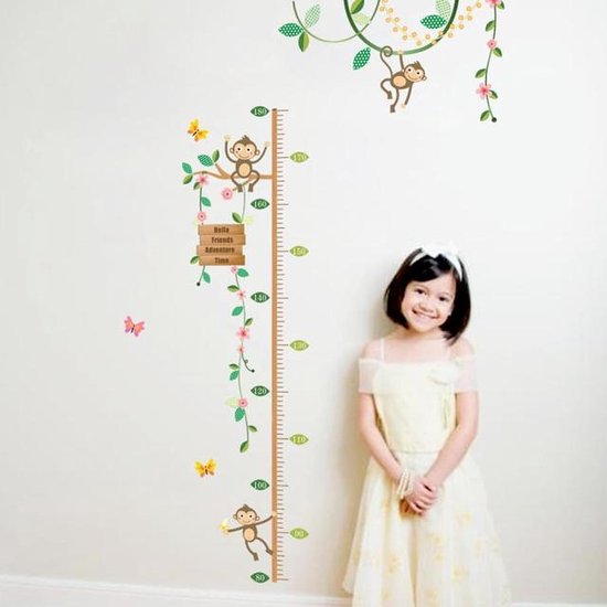 Muursticker Kinderkamer - Groeimeter - Wand Decoratie - Aapjes en Vlinders - 180 x 100 cm