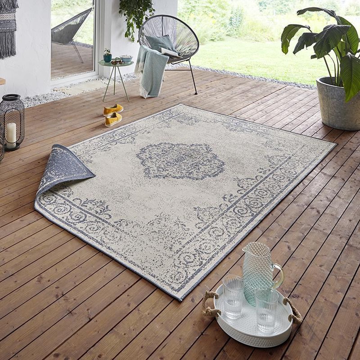 Northrugs Vintage buitenvloerkleed Cebu - blauw/crème 120x170 cm