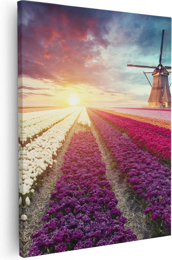Artaza Canvas Schilderij Kleurrijke Tulpen Bloemenveld - Windmolen - 80x100 - Groot - Foto Op Canvas - Canvas Print
