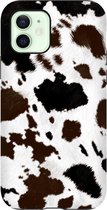 Apple iPhone 12 Mini Telefoonhoesje - Extra Stevig Hoesje - 2 lagen bescherming - Met Dierenprint - Koeien Patroon - Donkerbruin