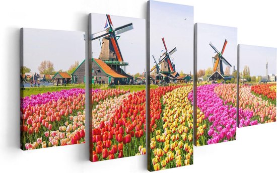 Artaza Canvas Schilderij Vijfluik Kleurrijke Tulpen Bloemenveld - Windmolen - 100x50 - Foto Op Canvas - Canvas Print