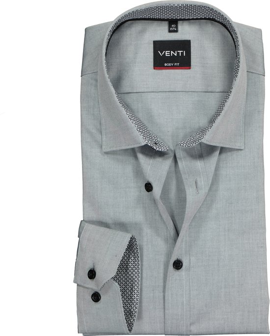 VENTI body fit overhemd - grijs (contrast) - Strijkvriendelijk - Boordmaat: 44