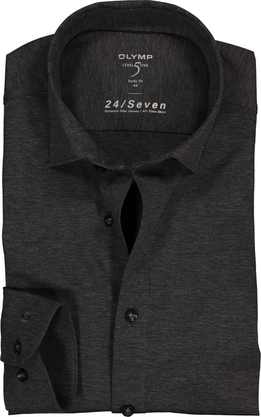 OLYMP Level 5 24/Seven body fit overhemd - antraciet grijs tricot - Strijkvriendelijk - Boordmaat: 39