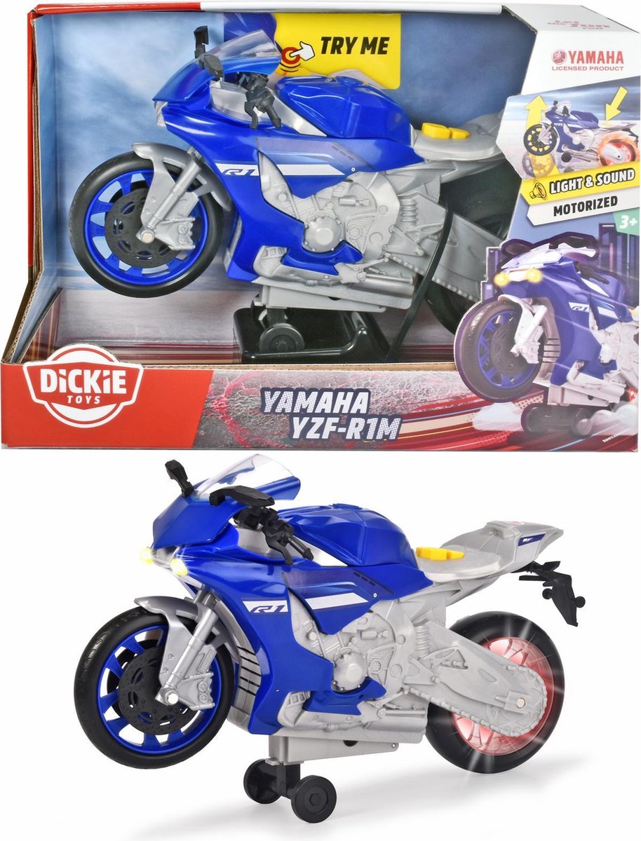 Dickie - Moto - Yamaha R1 - Wheelie Raiders - Gemotoriseerd voorwaartse aandrijving en wheelie functie, licht geluid, 26 cm, blauw, speelgoedvoertuig