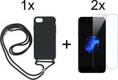 iPhone 7/8 Plus hoesje met koord zwart siliconen case - 2x iPhone 7/8 Plus screenprotector