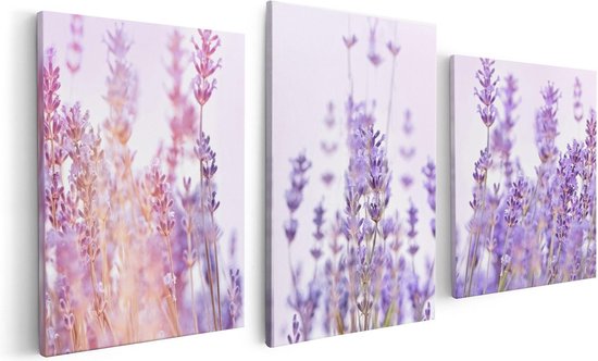 Artaza Canvas Schilderij Drieluik Paarse Lavendel Bloemen  - 120x60 - Foto Op Canvas - Canvas Print