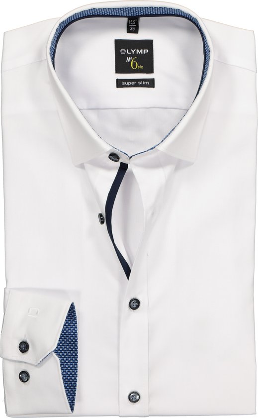 OLYMP No. Six super slim fit overhemd - wit (blauw contrast) - Strijkvriendelijk - Boordmaat:
