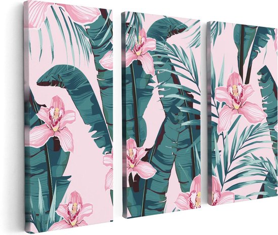 Artaza Canvas Schilderij Drieluik Tropische Roze Zomer Bloemen Met Bladeren - 120x80 - Foto Op Canvas - Canvas Print