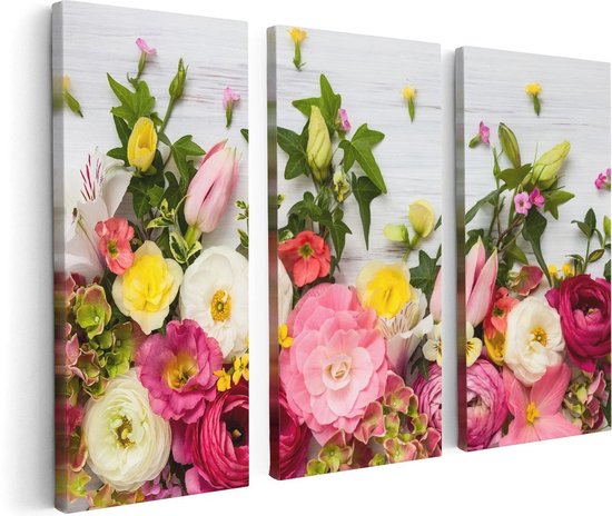 Artaza Toile Peinture Triptyque Fleurs Sur Fond De Bois Witte - 120x80 - Tableau Sur Toile - Impression Sur Toile