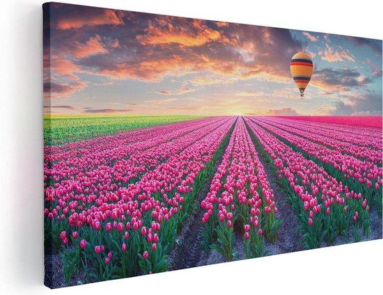 Artaza Canvas Schilderij Bloemenveld Met Roze Tulpen - Luchtballon - 100x50 - Groot - Foto Op Canvas - Canvas Print