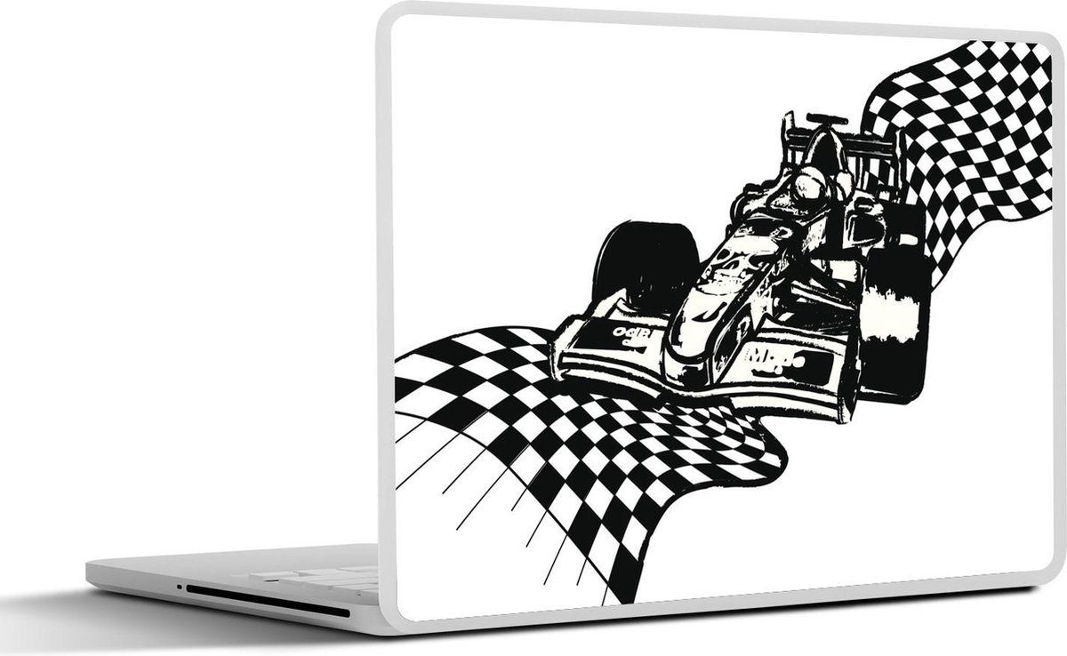 Laptop sticker - 11.6 inch - Een racewagen uit de Formule 1 met een finishvlag in een illustratie - 30x21cm - Laptopstickers - Laptop skin - Cover