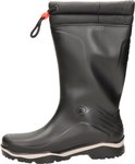 Zwarte Dunlop regenlaars met witte rand aan de zool en rode trekker.