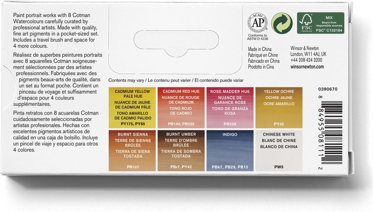 Winsor & Newton 0390670 Cotman Aquarelverf Set – Portrait Pocket Set – 8 Halve Napjes Waterverf – Compact Aquarelpalet met Penseel — afbeelding 3