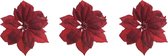 6x stuks decoratie bloemen kerstster rood glitter op clip 24 cm - Decoratiebloemen/kerstboomversiering/kerstversiering